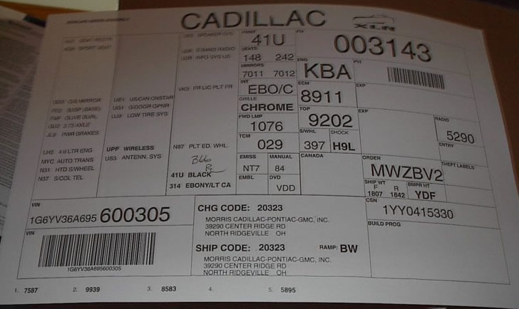 2009 Cadillac XLR Build Sheet