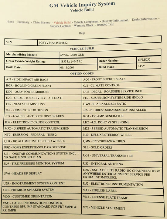 2004 Cadillac XLR #1822 Build Sheet