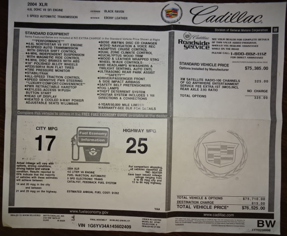 2004 Cadillac XLR - Number 2409 - Window Sticker