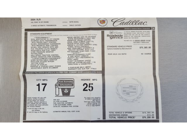 2004 Cadillac XLR #484 Window Sticker