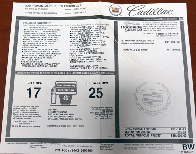 2004 Cadillac XLR - Neiman Marcus Edition #101 out of 101 - Window Sticker