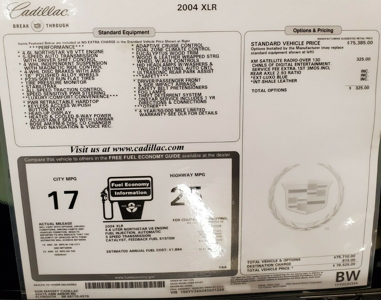 2004 Cadillac XLR - Number 1249 - Window Sticker