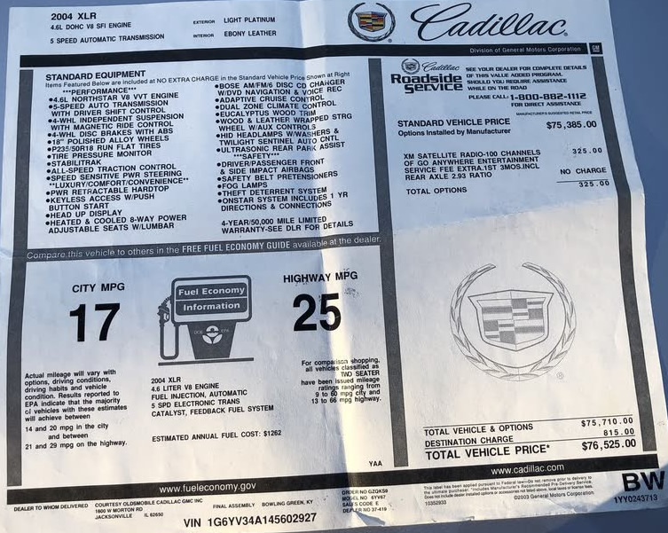 2004 Cadillac XLR - Number 2927 - Window Sticker