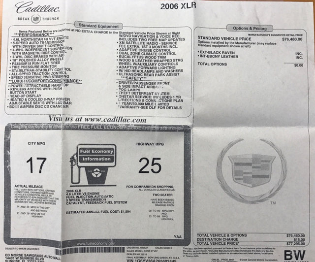 2006 Cadillac XLR - Number 2449 - Window Sticker