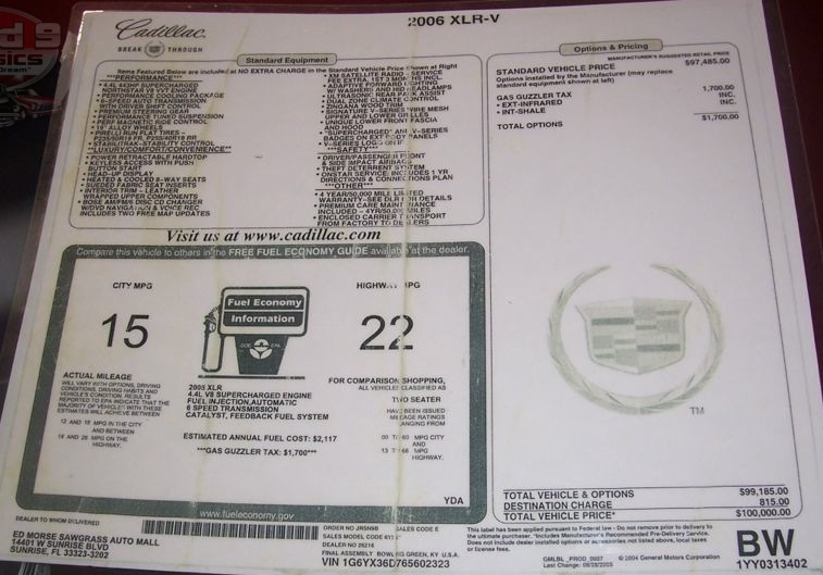 2006 Cadillac XLR-V #2323 Window Sticker