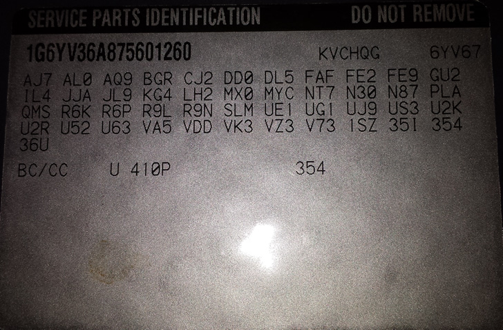 2008 Cadillac XLR #1441 Build Sticker