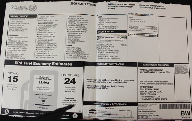 2009 Cadillac XLR Number 402 - Window Sticker