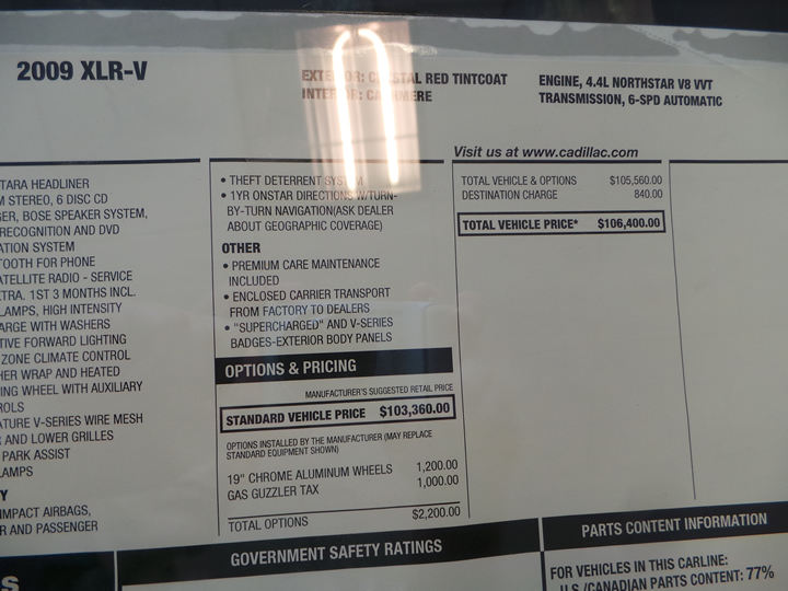 2009 Cadillac XLR-V - Number 584 - Window Sticker
