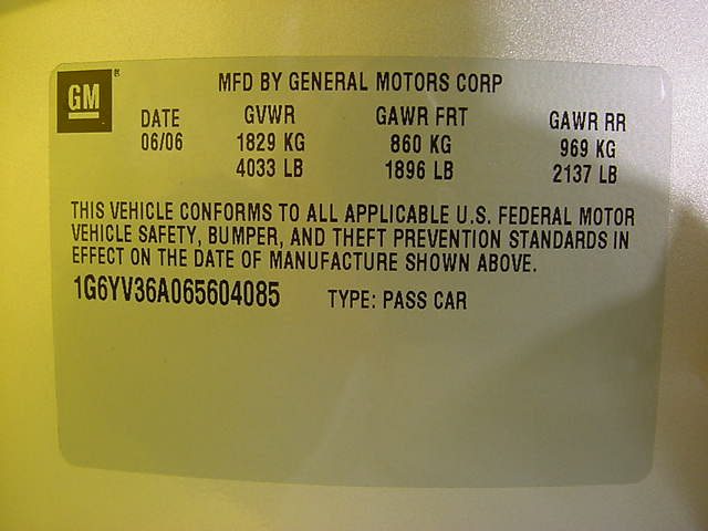2006 XLR Manufacturer Label