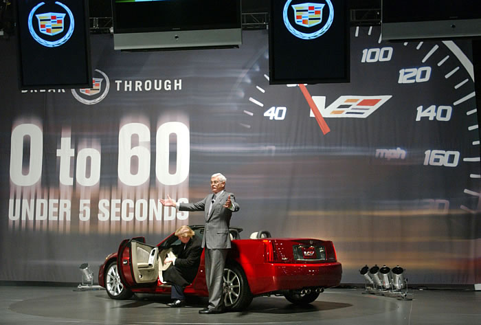 Donald Trump, Bob Lutz, and Cadillac XLR-V at New York Auto Show