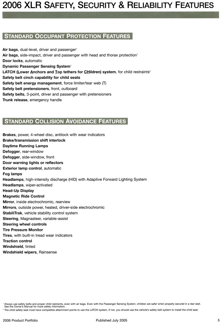 2006 Cadillac XLR Safety, Security, Reliability Features