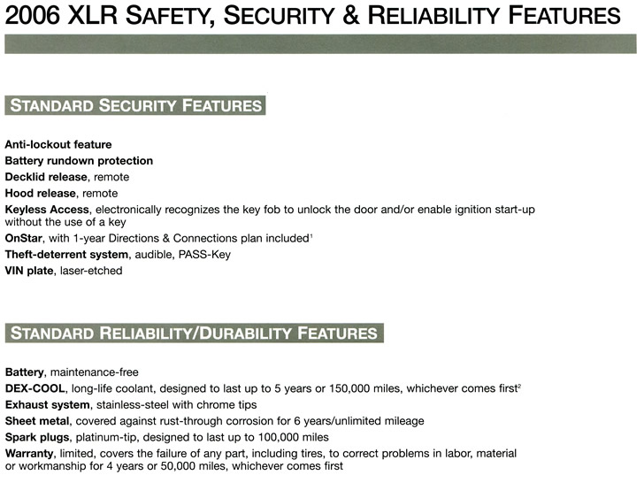 2006 Cadillac XLR Safety, Security, Reliability Features